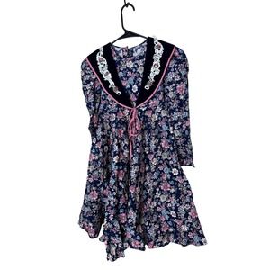 Jo Lene Girls Floral Dress Navy Blue Velvet Collar Lace Trim Size 10‎